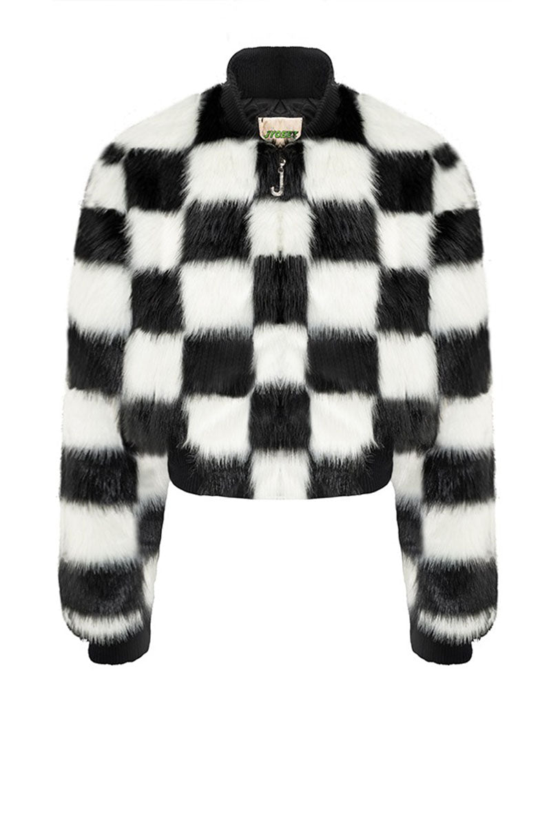 Chess Pattern Faux Fur Coat
