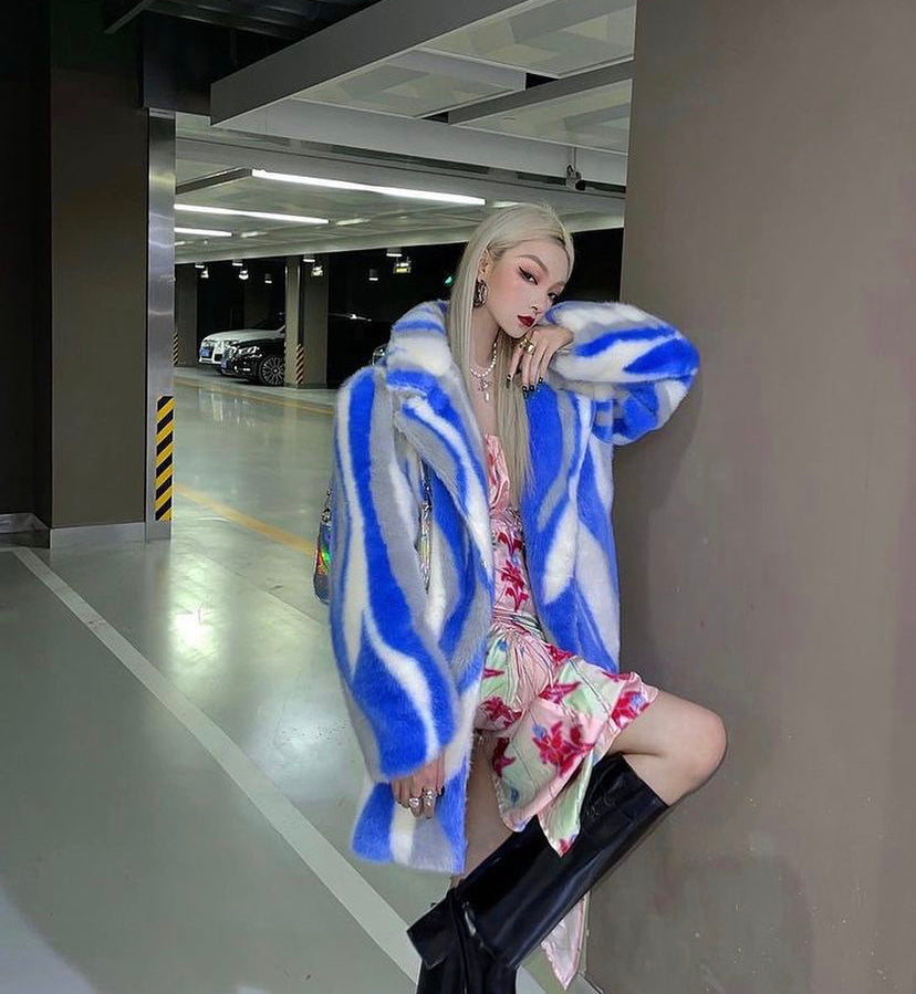 STRIPED FAUX FUR COAT