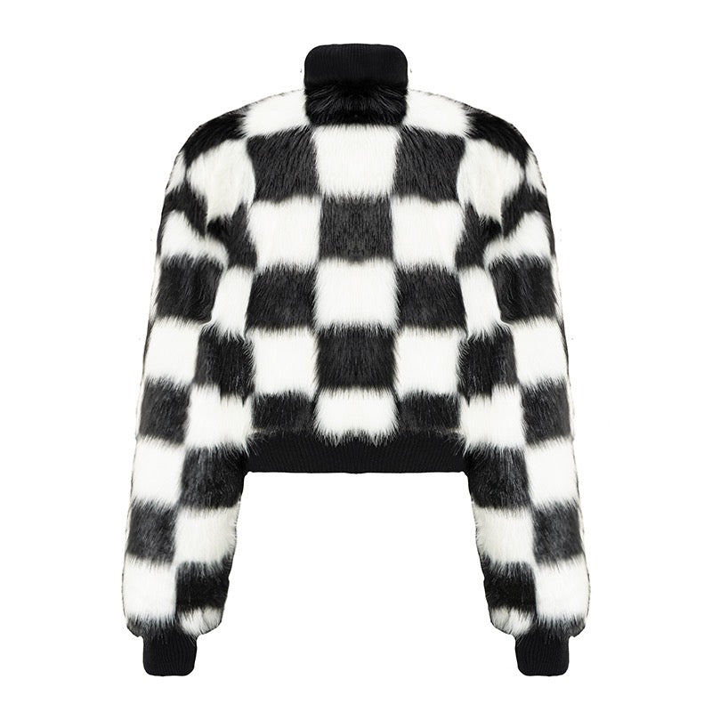 Chess Pattern Faux Fur Coat